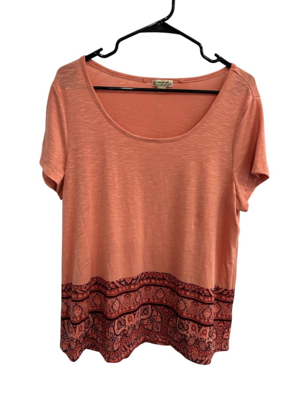 Energe World Wear Large Coral Scoop Neck Paisley Hem Top Boho Soft Girl